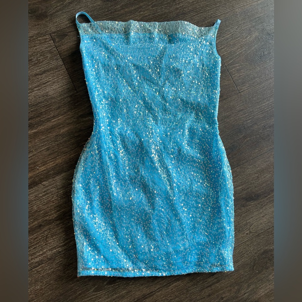 Light Blue / Teal sequin short dress with open back